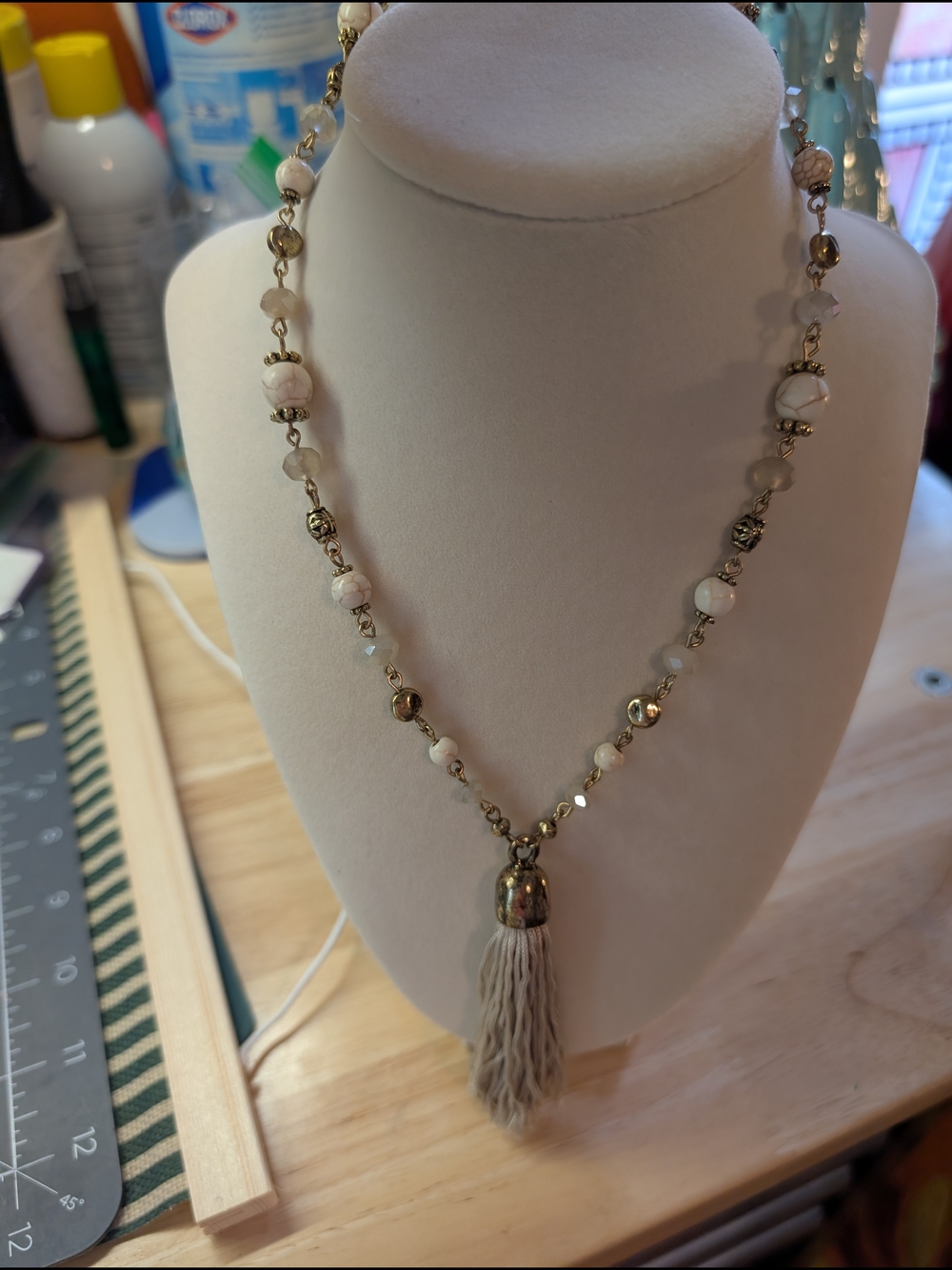 Neutral Beaded Tassel Necklace - Women's Fashion Jewelry